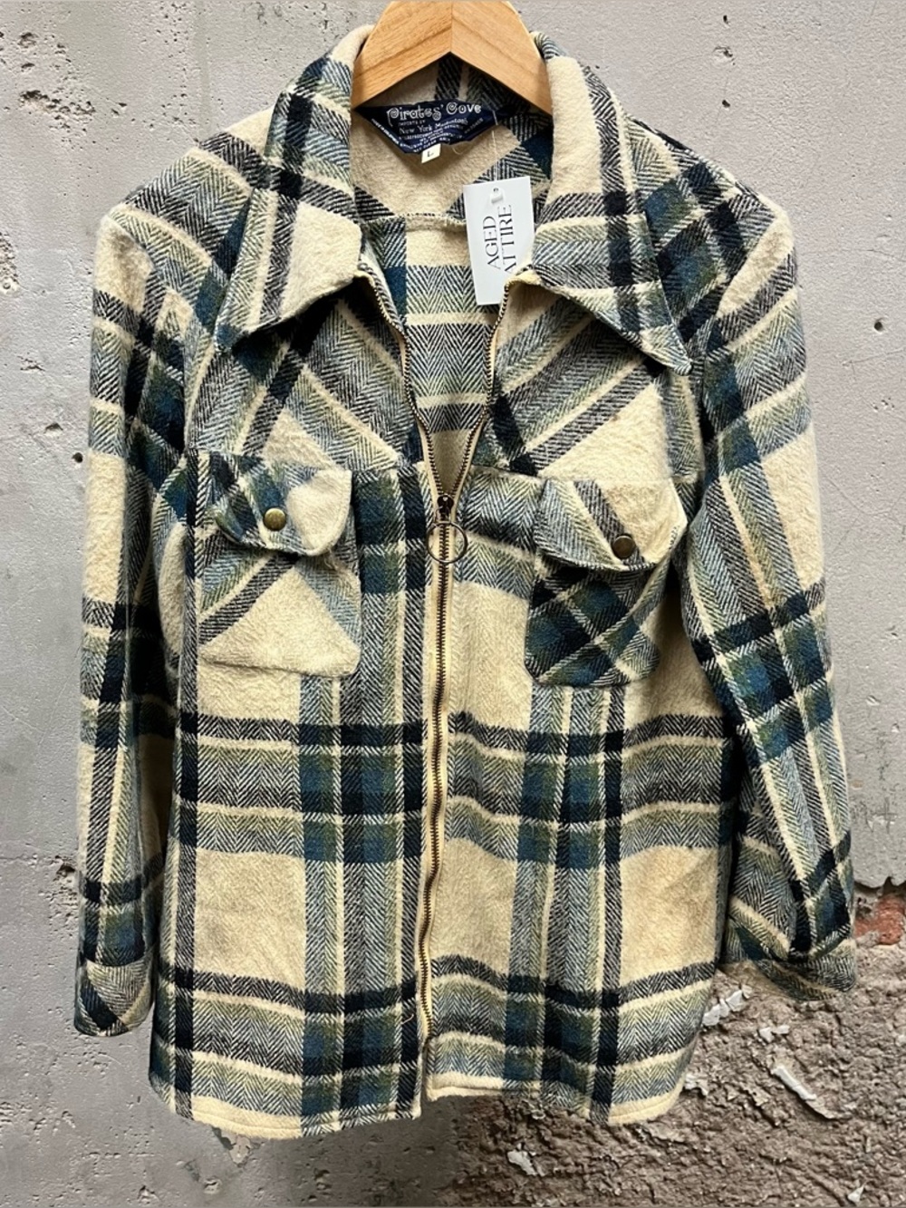 Vintage 70s Pirate's Cove Plaid Flannel Knit Full Zip Up Wool Linen Shacket Top